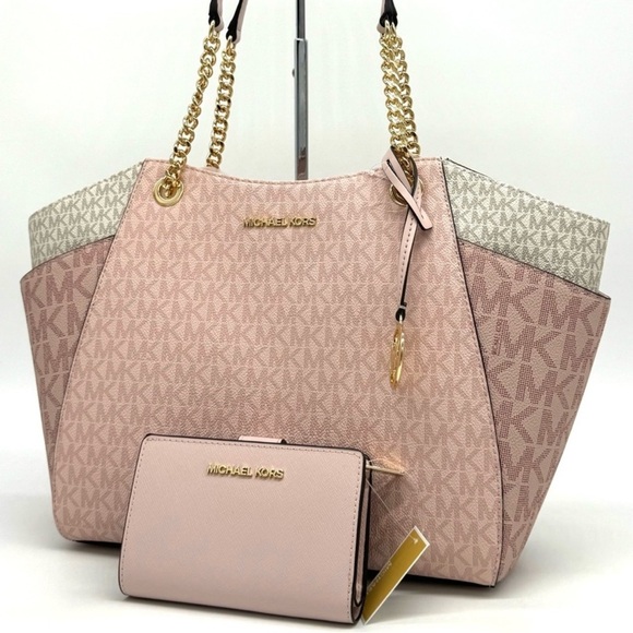 Michael Kors Large JST Chain Shoulder Bag & Bifold Zip Chain Wallet Powder Blush - Picture 1 of 13